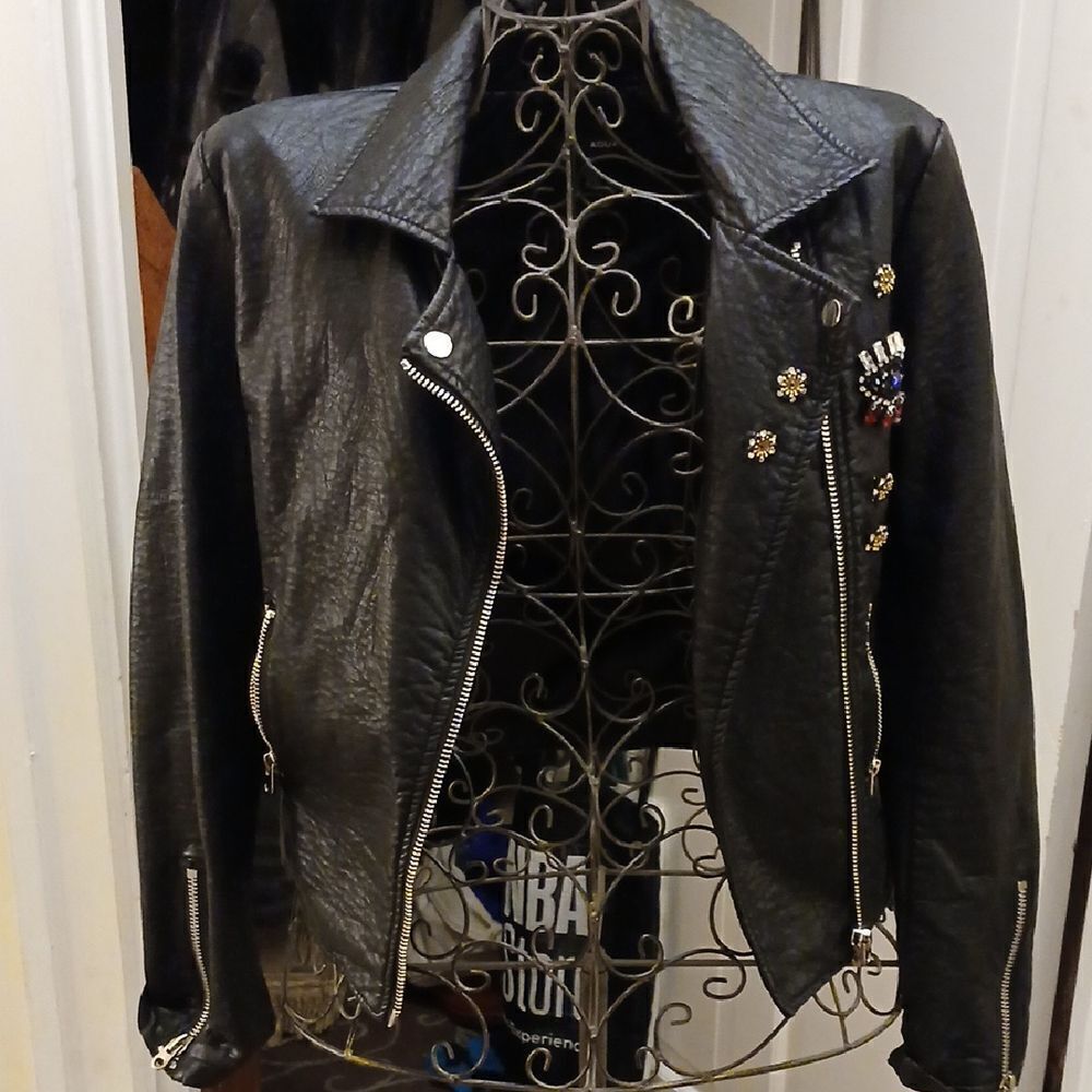 Aqua Black Leather Biker Jacket with Asymmetrical Zipper